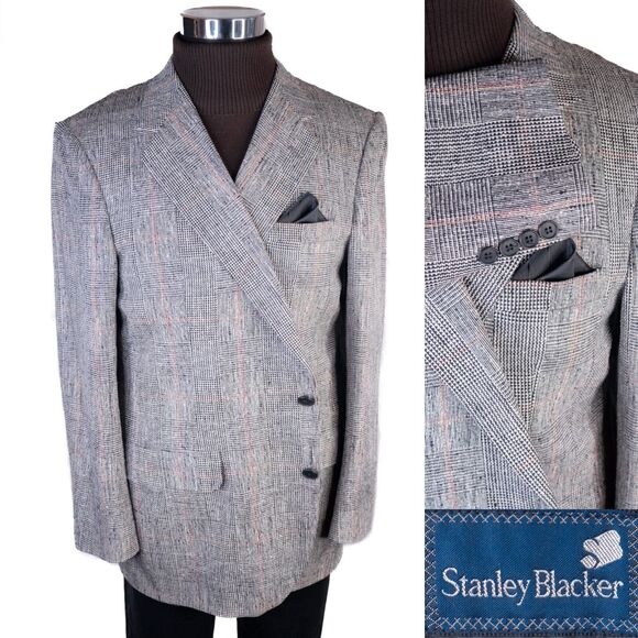 VTG Stanley Blacker Sport Coat Jacket Blazer Plaid Gray Two Button Sz 46R EUC - Picture 1 of 13